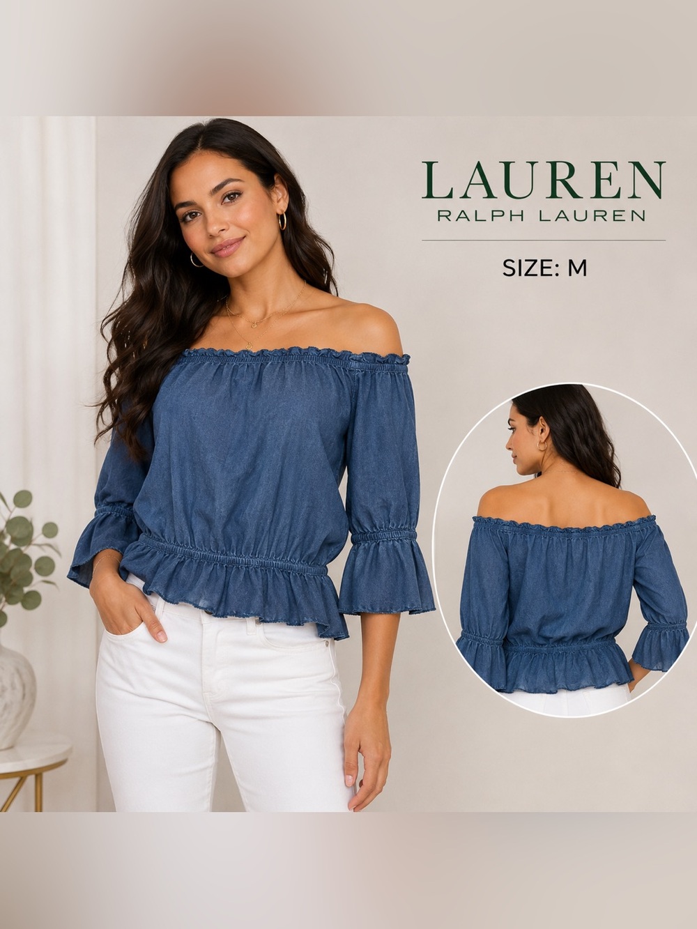 Lauren Ralph Lauren Blue Cotton Off Shoulder Bell Sleeve Peplum Top M romantic